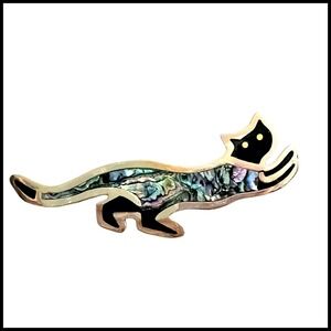 Alpaca Brooch Pin Abalone Cat Figural Silver Tone Vintage Costume‎ Jewelry